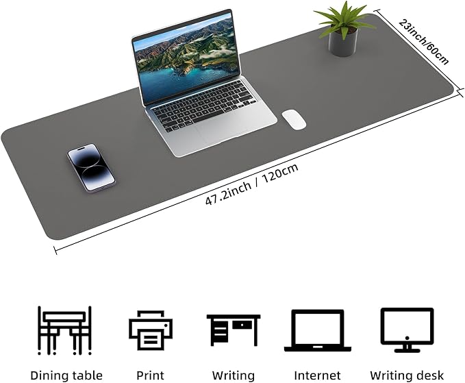 Leather Desk pad Protector, Large Desk mat with Natural Cork & PU Leather,Mouse pad,Non-Slip Office Desk Mat,Waterproof Desk Writing Pad for Office and Home (47in*23.7in,Dark Grey)