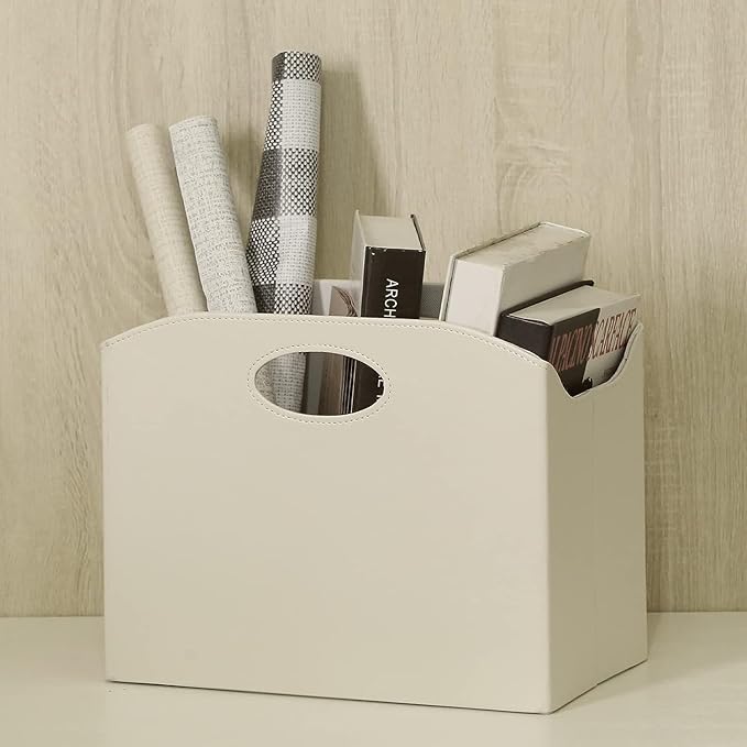 EZDeco Magazine Holder Foldable Magazine Rack Floor PU Leather File Holder Newspaper Book Storage Basket Document File Folder Organizer for Office Home (Off-white-2)-DeskLoop Office