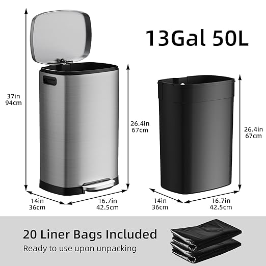 KUK 13 Gallon/50L Stainless Steel Kitchen Trash Can with Lid and Step Pedal-Large Capacity Garbage Bin with Odor Seal, Silent Close Lid, Removable Inner Bucket, Titanium Silver-DeskLoop Office