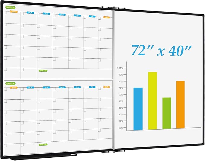 JILoffice Magnetic Foldable Dry Erase Calendar Whiteboard Combo, 2 Month Calendar Board & White Board 72 X 40 Inch, Black Aluminum Frame Wall Mounted Board for Office Home and School-DeskLoop Office