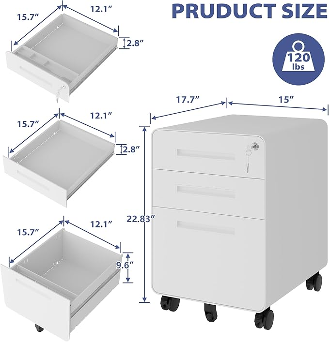 Rolling File Cabinet with Lock, 3 Drawer Metal Mobile Filing Cabinet Office Under Desk for Legal/Letter Size, Fully Assembled Except Casters-DeskLoop Office