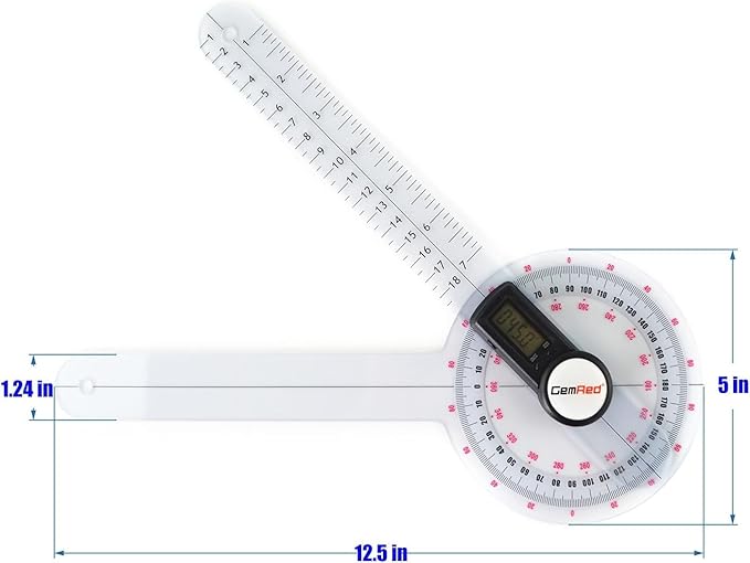 GemRed 12" Digital Goniometer 360 Degree Physical Therapy Plastic Protractor for Joint Range of Motion ROM Measurement-DeskLoop Office
