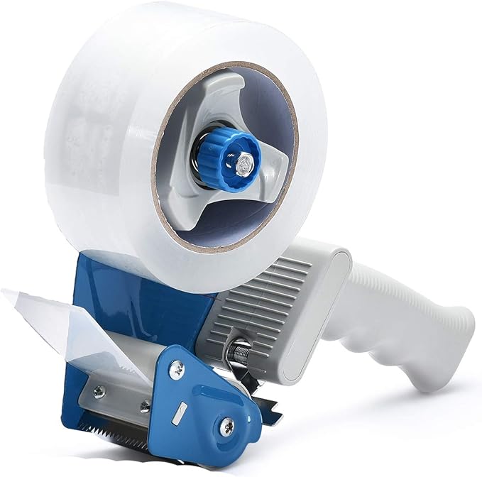 Pacific Mailer 2 Inch Tape Gun Dispenser with 2 Inch Carton Packing Tape, Lightweight Industrial Side Loading Tape Dispenser - Blue-DeskLoop Office
