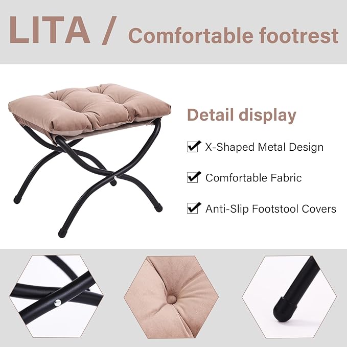 LITA Folding Upholstered Footrest Stool, Modern Small Portable Accent Ottoman with Detachable Thick Cotton Cushion Padded Sofa Stool with Metal Frame for Lazy Chair, Living Room & Bedroom, Khaki-DeskLoop Office