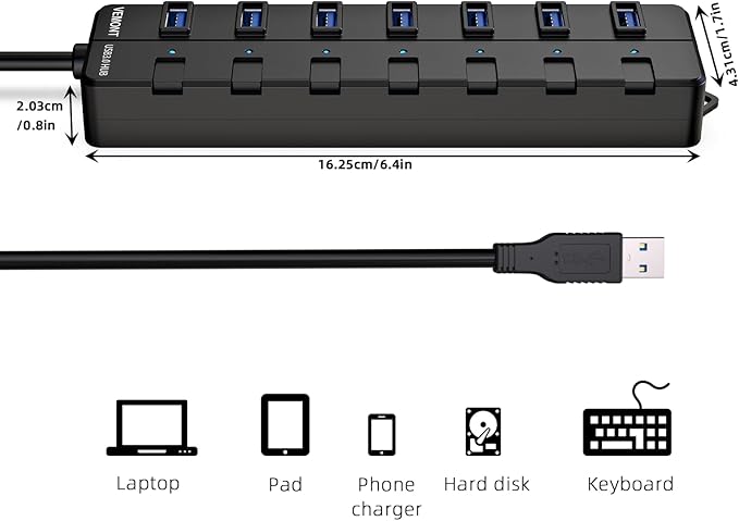 VEMONT 7-Port USB 3.0 Hub (Equipped with a 4-Foot Data Cable, Individual Switch, and Indicator Light, it Supports Data Transfer speeds of up to 5Gbps) Suitable for Desktop Computers and laptops.-DeskLoop Office