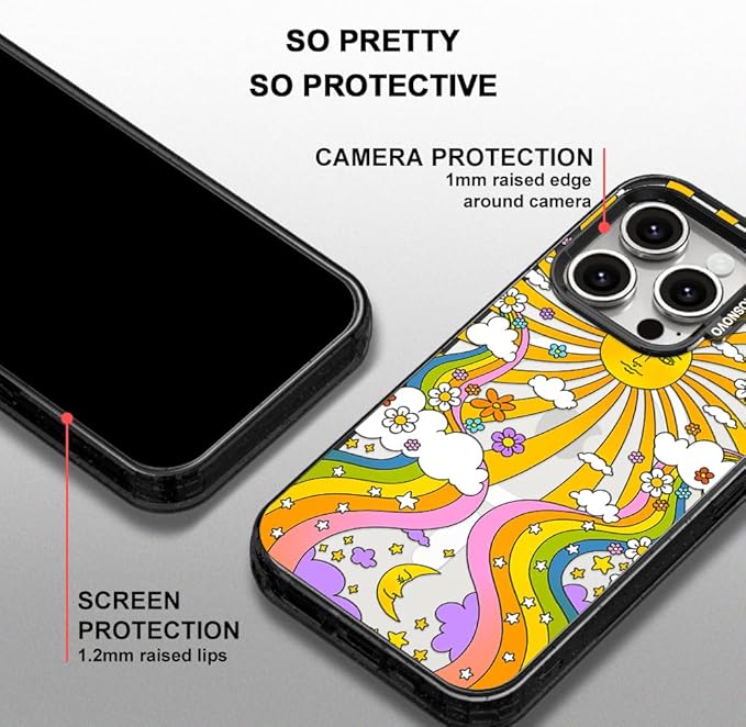 MOSNOVO Magnetic Case for iPhone 15 Pro, 10ft Military-Grade Protection, Compatible with Magsafe, Shockproof Phone Case for iPhone 15 Pro - 70's Psychedelic Groovy Art - Clear Black-DeskLoop Office