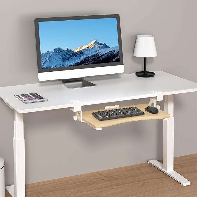 suptek Small Keyboard Tray Under Desk Pull Out with C Clamp Mount for Computer Keyboard, 20 (24.2 Including Clamps) x 11.8 inch Slide-Out Platform Computer Drawer for Typing, Light Wood, DSF1SQM-DeskLoop Office