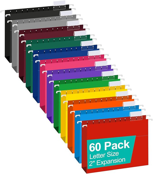 HERKKA Extra Capacity Hanging File Folders, 60 Pack Reinforced Letter Size Hanging Folders with Heavy Duty 2 Inch Expansion, Designed for Bulky Files, Medical Charts, 12 Assorted Colors-DeskLoop Office