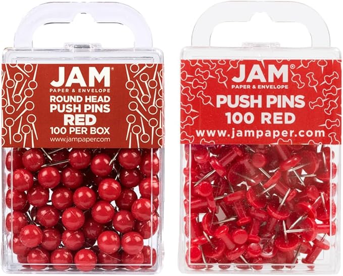 JAM PAPER Colorful Push Pins - Flat & Round Head Thumb Tack Combo Set - Red Pushpins - 200/Pack-DeskLoop Office