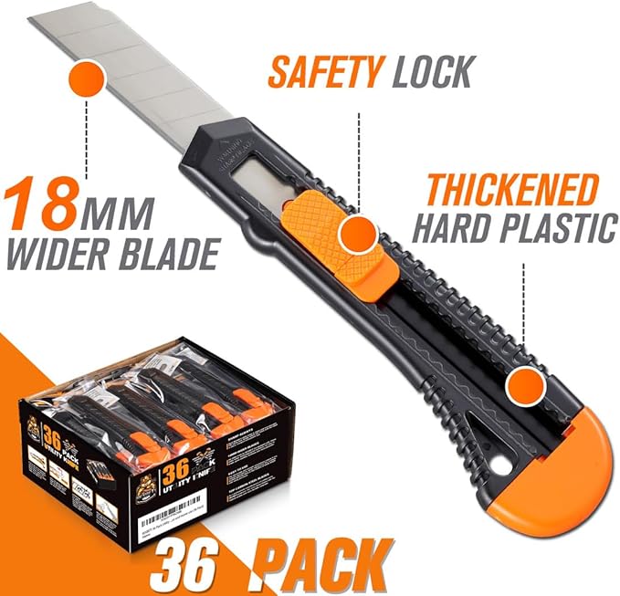 REXBETI 36 Pack Utility Knife, Retractable Box Cutter for Cartons, Cardboard and Boxes, 18mm Wider Razor Sharp Blade, Smooth Mechanism, Perfect for Office and Home use (36 Pack)-DeskLoop Office