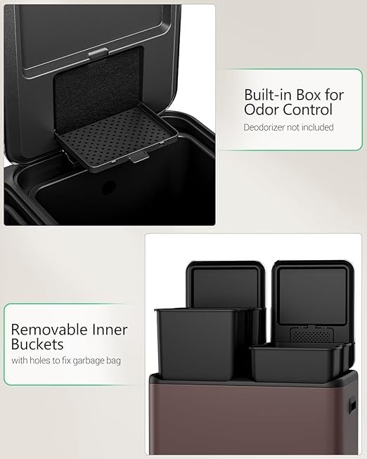 TLSUNNY Kitchen Dual Trash Can, 60L Hands-Free Stainless Steel Garbage Can, Classified Rubbish Bin with Double Compartments, Soft-Close Lid, Inner Bucket, Odor Control (60L) (Brown)-DeskLoop Office