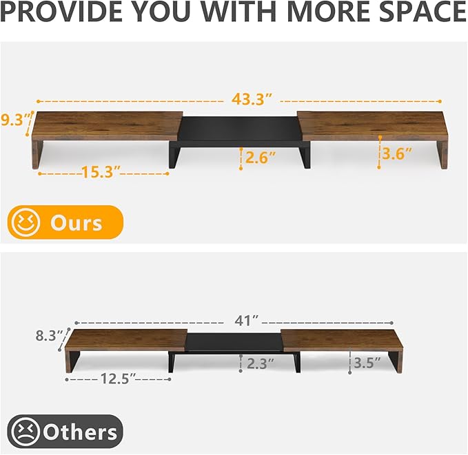 TAVR Dual Monitor Stand Riser, Computer Monitor Stands for 2 Monitors, Extra Long Multifunctional Desktop Organizer Riser for Computer, Laptop, PC, Printer, TV, Max 43.3" Length, Rustic Brown-DeskLoop Office