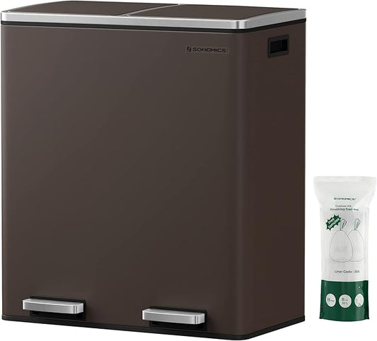 SONGMICS Trash Can, 2 x 8 Gallon (2 x 30 L) Garbage Can for Kitchen, with 15 Trash Bags, 2 Compartments, Plastic Inner Buckets and Hinged Lids, Airtight, Brown ULTB60BR-DeskLoop Office