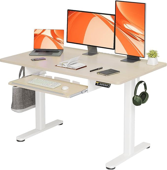 Claiks Standing Desk with Keyboard Tray, Electric Standing Desk Adjustable Height, 48x24 Inches Sit Stand up Desks with Splice Board, Raising Desks for Home Office, Natural-DeskLoop Office
