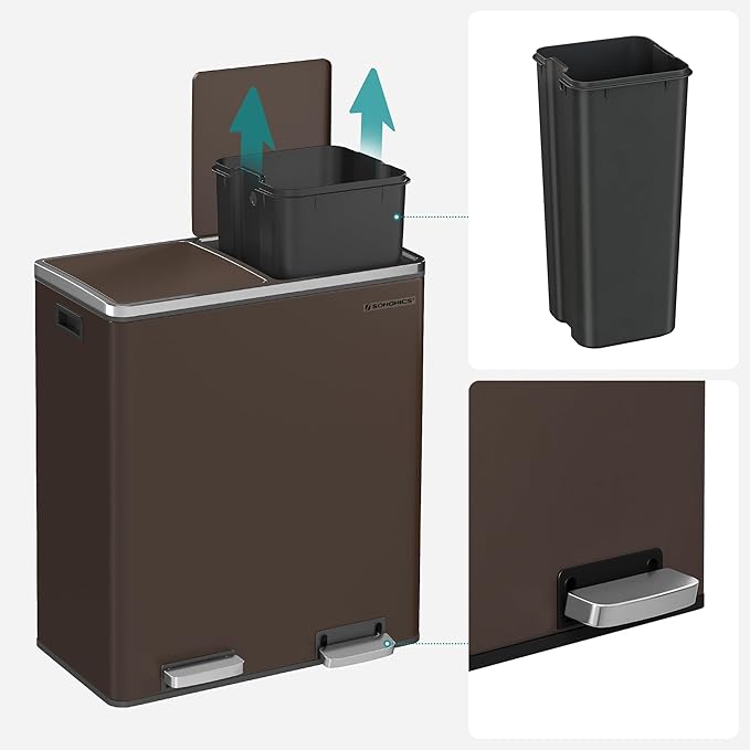 SONGMICS Trash Can, 2 x 8 Gallon (2 x 30 L) Garbage Can for Kitchen, with 15 Trash Bags, 2 Compartments, Plastic Inner Buckets and Hinged Lids, Airtight, Brown ULTB60BR-DeskLoop Office