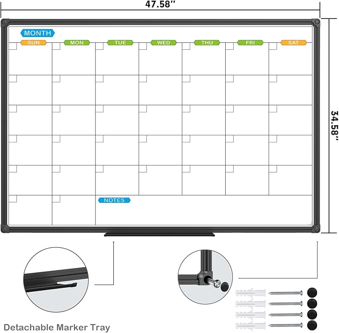 JILoffice Dry Erase Calendar Whiteboard 48 X 36 Inch - Magnetic White Board Calendar Monthly, Black Aluminum Frame Wall Mounted Board for Office Home and School-DeskLoop Office