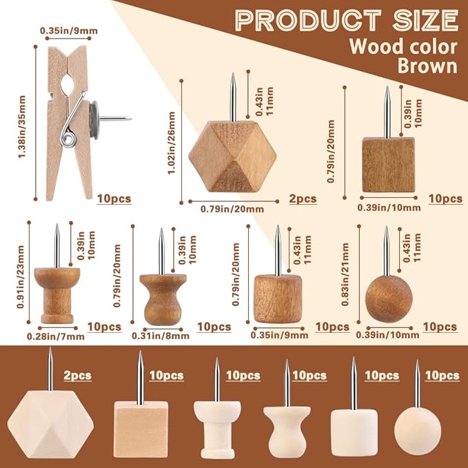 114 Pcs Wood Push Pins, 2 Colors and 7 Types Decorative Thumb Tacks Wooden Head Pin Map Tacks Marking Pin, Wood Thumb Tacks Decorative for Bulletin Boards Craft Projects with Storage Box-DeskLoop Office