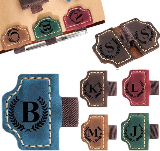 Custom Bookmark with Pen Holder with 26 Letters Personalized Magnetic Leather Book Mark, Customized Name Book Marker Clip with Initial for Men Women, Gifts for Book Lovers, Readers, (Blue, B)-DeskLoop Office