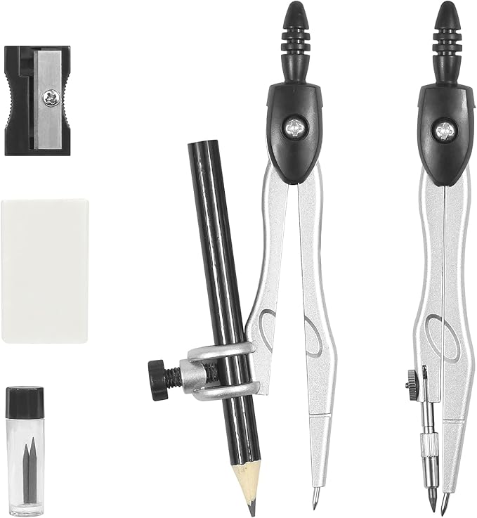 10 Pieces Math Geometry Kit Set Student Supplies with Shatterproof Storage Box,Includes Rulers,Protractor,Compass,Eraser,Pencil Sharpener,Lead Refills,Pencil,for School and Drawings(Black)-DeskLoop Office