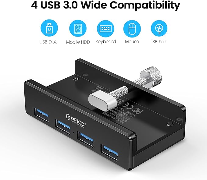 ORICO USB 3.0 Hub, USB Hub Clamp, Aluminum 4-Port USB Splitter with Extra Power Supply Port and 4.92 FT USB Data Cable, Desktop Powered USB Hub for Monitors/Desks-Black (Without Power Adapter)-DeskLoop Office