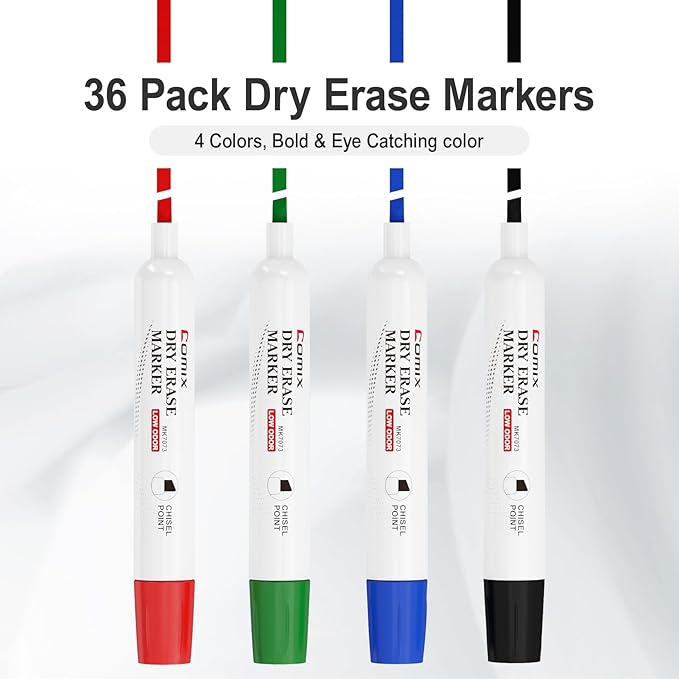 Comix Dry Erase Markers, Chisel Tip White Board Markers, 36 Bulk 4 Assorted Colors Low Odor Markers for Teachers Office & School Supplies-DeskLoop Office