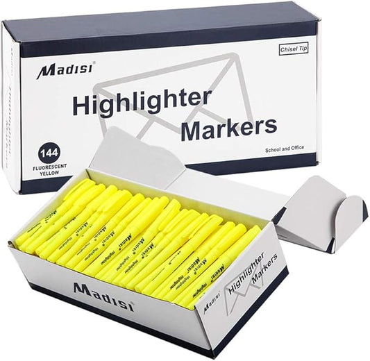 Madisi Highlighters, Chisel Tip, Fluorescent Yellow, Bulk Pack, 144-Count-DeskLoop Office