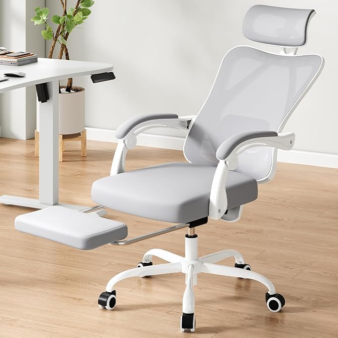 Farini Ergonomic Office Chair with Footrest, Mesh Office Desk Chair with Headrest, High Back Computer Chair with Adjustable Lumbar Support for Home Office Study Room Bedroom, White & Grey-DeskLoop Office