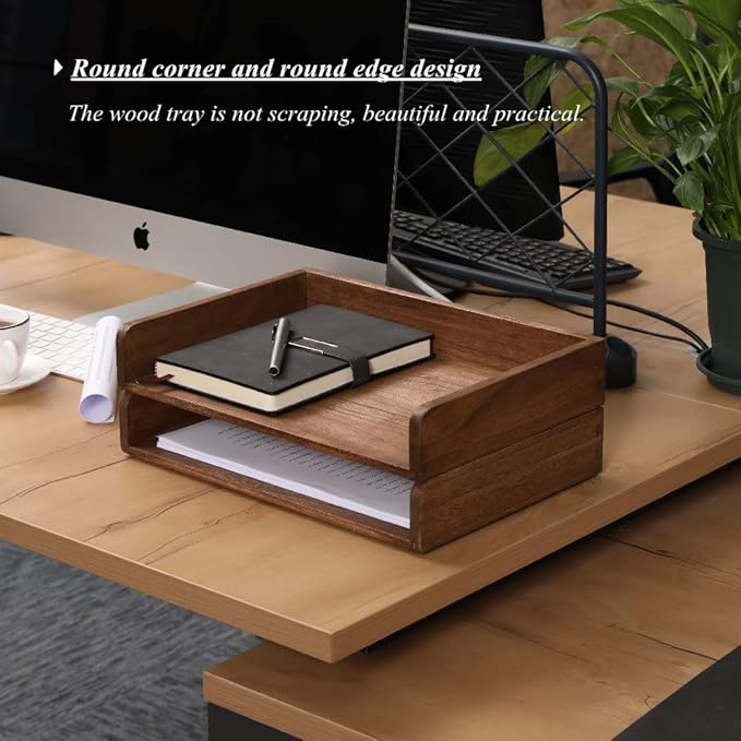 Desktop File Trays Stackable Paper Tray for Letter/A4 Size Magazine - Wood Office Document Organizer Shelf - Wooden Folder Organization Rack Desk Tray Pack of 2 Dark(2CTP-DK)-DeskLoop Office