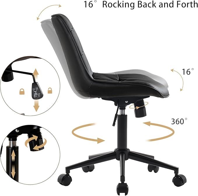 Kidol & Shellder Faux Leather Office Chair, Adjustable Swivel Height Task Chair, Rolling Wheels & Soft Backrest - Armless Ergonomic Desk Chair for Home, Office,Vanity,Gaming(Black)