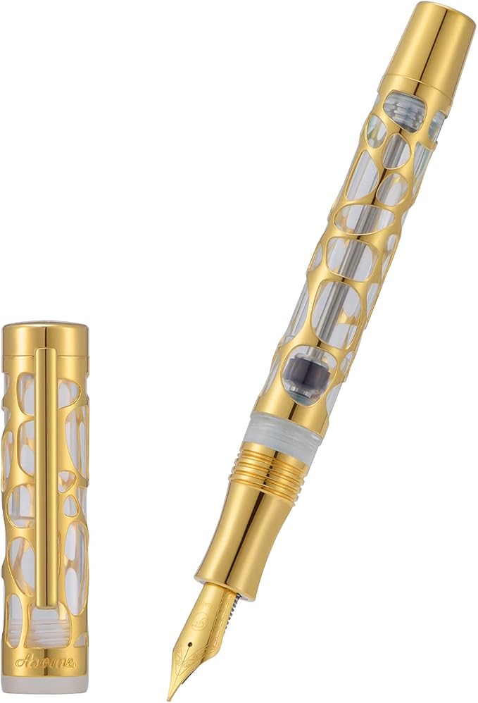 Asvine V169 Vacuum Filling Fountain Pen Medium Nib, Water Drop Skeleton Gold Trim Transparent Clear Acrylic Pen Case Set-DeskLoop Office