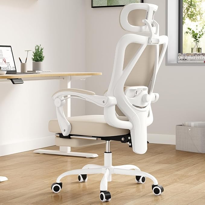 Farini Ergonomic Office Chair with Footrest, Mesh Office Desk Chair with Headrest, High Back Computer Chair with Adjustable Lumbar Support for Home Office Study Room Bedroom, White & Kakhi-DeskLoop Office