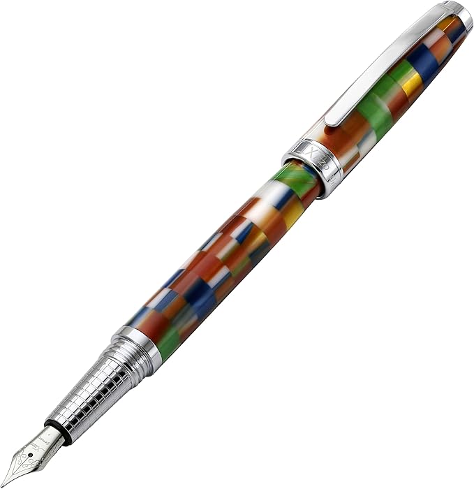 Xezo Urbanite II Fountain Pen, Fine Nib. Jazzy Multicolor Checkered Acrylic on Brass. Chrome Plated. Handcrafted, Limited Edition, Serialized-DeskLoop Office