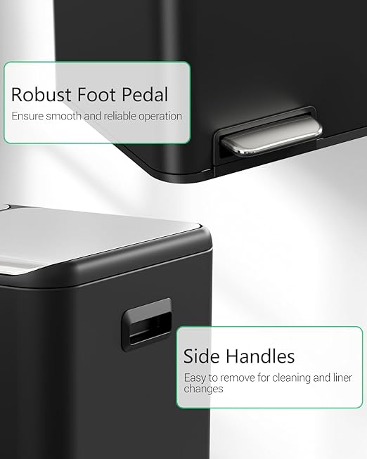 TLSUNNY Kitchen Dual Trash Can, 60L Hands-Free Stainless Steel Garbage Can, Classified Rubbish Bin with Double Compartments, Soft-Close Lid, Inner Bucket, Odor Control (60L) (Black)-DeskLoop Office