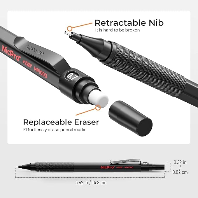 Nicpro 33PCS Black Metal Mechanical Pencil Set in Leather Case, Art Drafting Pencil 0.3, 0.5, 0.7, 0.9 mm, 2mm Lead Holders for Sketching Drawing with 18 Tube (6B 4B 2B HB 2H 4H Colors) Lead Refills-DeskLoop Office