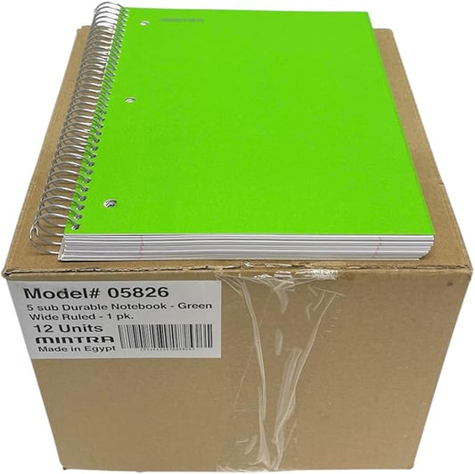 Mintra Office Durable Spiral Notebooks, 5 Subject (Green, Wide Ruled 12pk)-DeskLoop Office