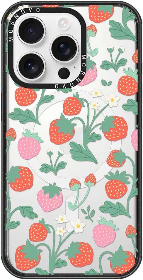 MOSNOVO Magnetic Case for iPhone 16 Pro, 10ft Military-Grade Protection, Compatible with Magsafe, Shockproof Phone Case for iPhone 16 Pro - Strawberry Garden - Clear Black-DeskLoop Office