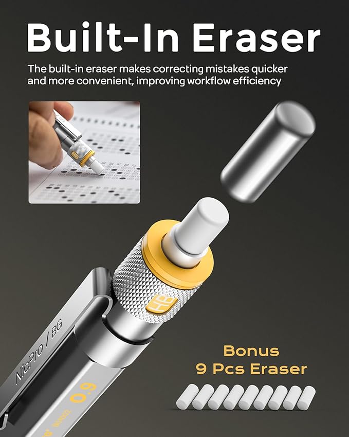 Nicpro Blocky Gear 0.9 mm Mechanical Pencils Set in Case, Metal Pencil with 0.9mm HB Lead Refills, Eraser for Professional & Adult Art Writing Drafting Drawing-DeskLoop Office
