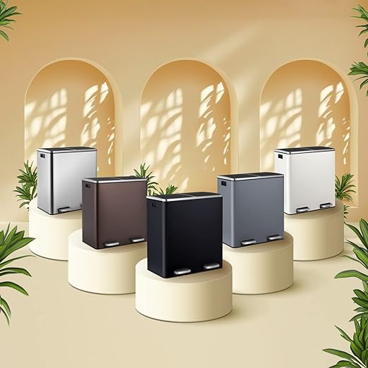 Arlopu 16 GallonStainless Steel Trash Can, 60L Dual Compartment, Metal Kitchen Step Recycle Bin, Metal Double Dustbin, in-Home Garbage Rubbish Can W/Removable Liner Buckets (Silver)-DeskLoop Office