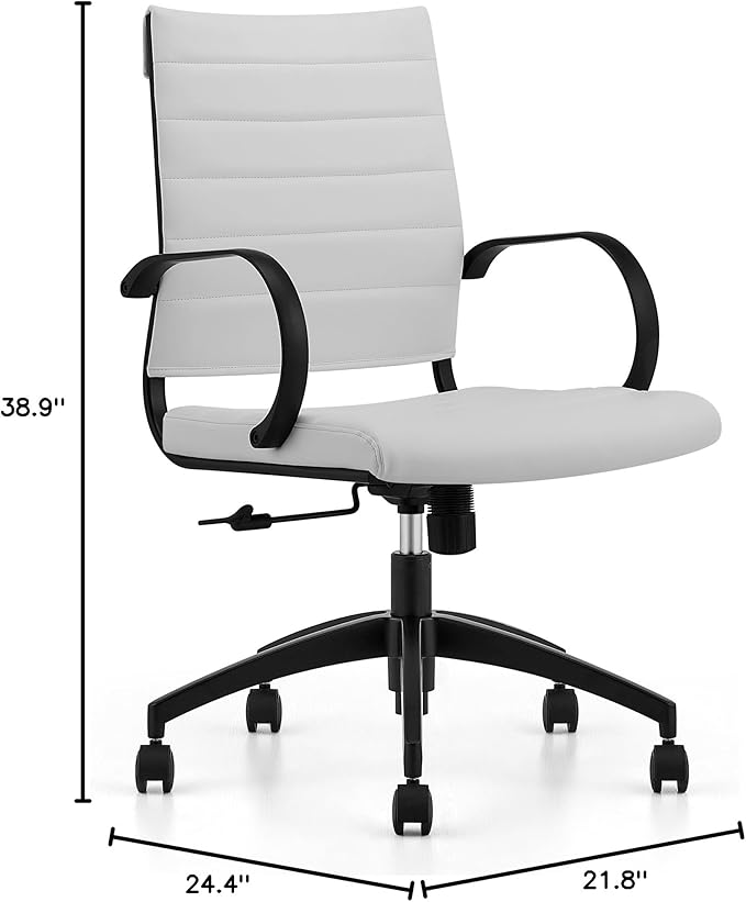 Ribbed Mid Back Conference Room Chairs - Lumbar Support, Modern Executive Home Office Chair - White Leather Seat & Black Aluminum Frame-DeskLoop Office