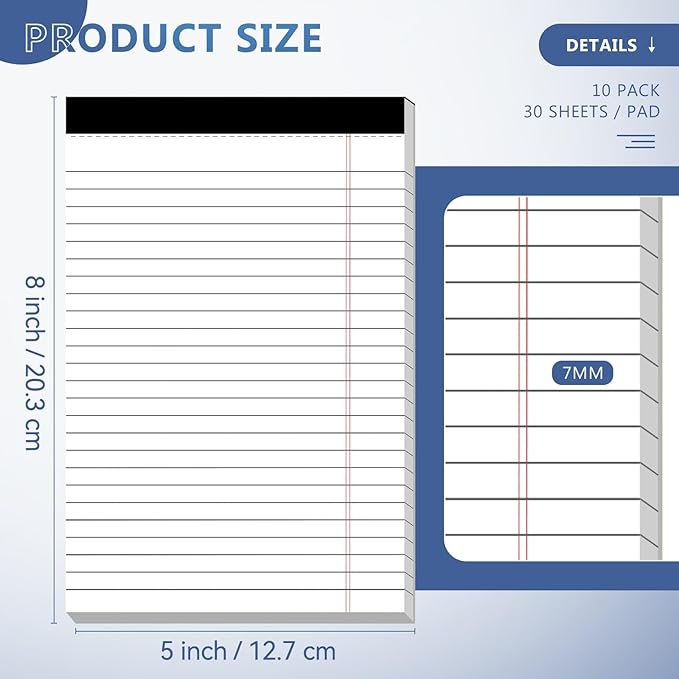 10 Pack of Legal Pad Writing Pads 5" x 8" Notepad 80gsm Recycled Paper Small Legal Pads 25 Lines Note Pads Perforated Legal Pads 30 Sheets Double-Sided Printing Legal Pads for School, College, Office-DeskLoop Office