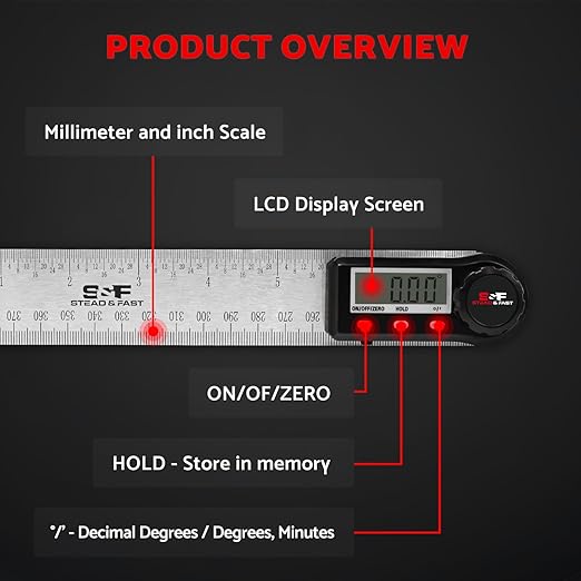 Digital Angle Finder Tool for Woodworking 7 inch / 200 mm, Stainless Steel with Case, Digital Protractor Angle Finder for Measurement by S&F STEAD & FAST-DeskLoop Office