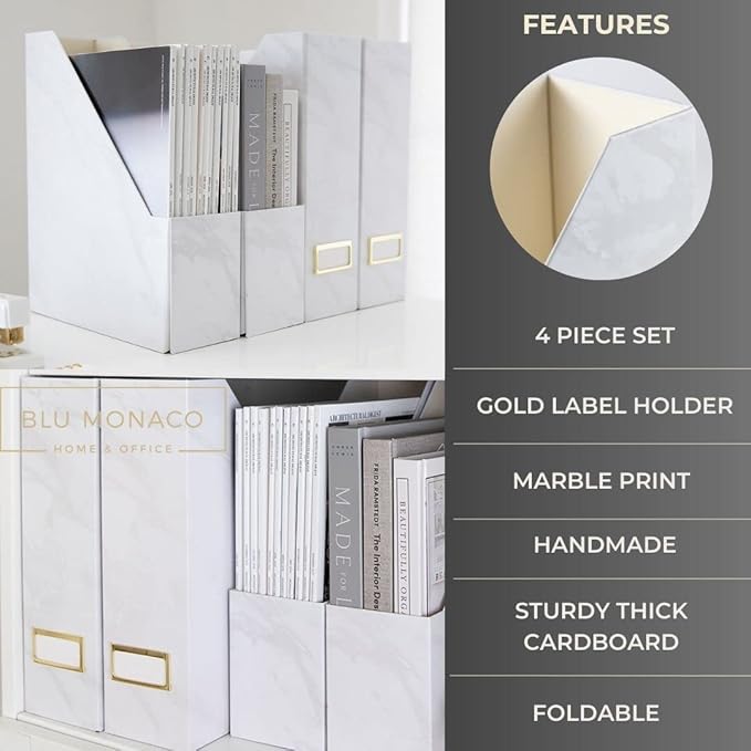 BLU MONACO Set of 4 Magazine Holders, White Marble Design with Gold Label Holders, File Holder for Desk, Magazine Storage for Home Office and Classroom-DeskLoop Office