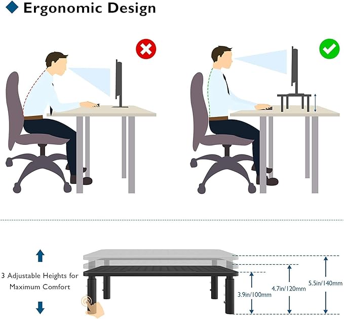 BONTEC 2 Pack 3 Height Adjustable Monitor Stand Riser with Pen Holder, Ergonomic Metal Laptop Stand with Cable Management, Desktop Stand for Computer, Printer, Monitor, Laptop, Black Steel, 14.5 in-DeskLoop Office