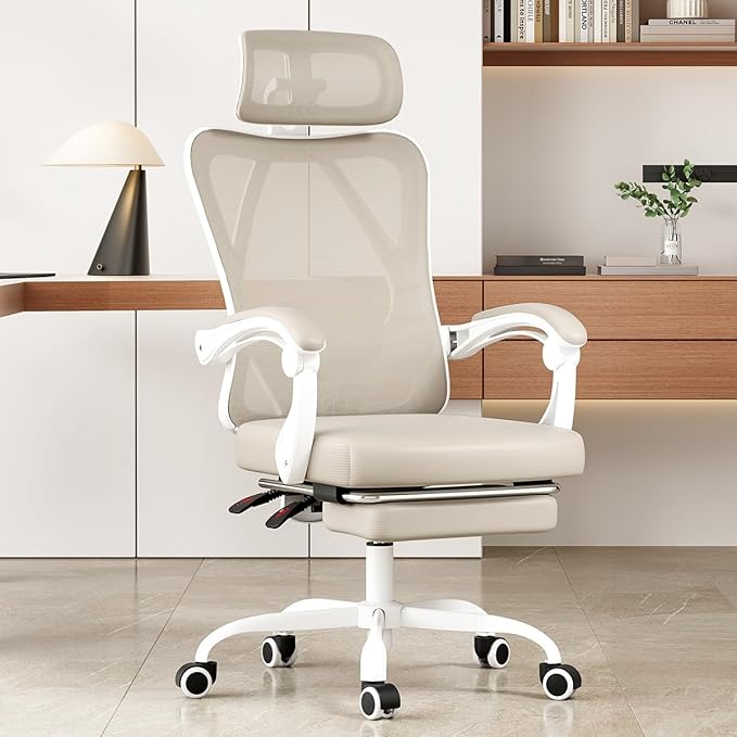Farini Ergonomic Office Chair with Footrest, Mesh Office Desk Chair with Headrest, High Back Computer Chair with Adjustable Lumbar Support for Home Office Study Room Bedroom, White & Kakhi-DeskLoop Office