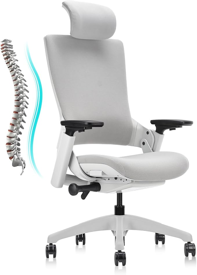 CLATINA Ergonomic High Swivel Executive Chair with Adjustable Height Head 3D Arm Rest Lumbar Support and Upholstered Back for Home Office Gray-DeskLoop Office