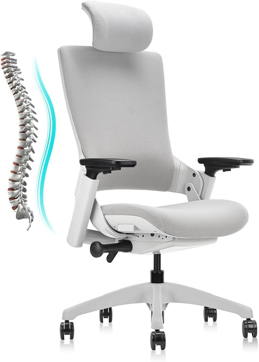 CLATINA Ergonomic High Swivel Executive Chair with Adjustable Height Head 3D Arm Rest Lumbar Support and Upholstered Back for Home Office Gray-DeskLoop Office