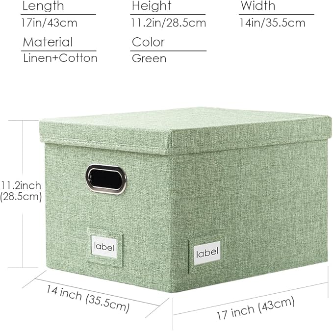 PRANDOM File Organizer Box - Set of 4 Collapsible Decorative Linen Filing Storage Hanging File Folders with Lids Office Cabinet Letter/Legal Size Green 17.1x14x11.1 inch-DeskLoop Office