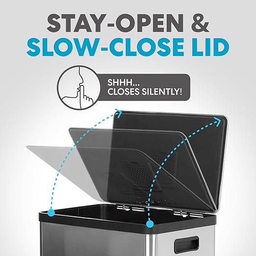 SIMPLI-MAGIC 50 Liter / 13.2 Gallon Soft-Close, Smudge Resistant Trash Can with Foot Pedal and Built in Filter- Stainless Steel, Sleek Finish-DeskLoop Office