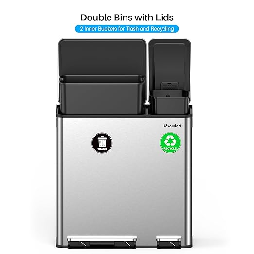 Dual Trash and Recycling Bins for Kitchen, 13.2 + 5.2 Gal (50+20L) Stainless Steel Trash and Recycle Bin Combo with Soft-Close Lid, Large Garbage Cans for Kitchen Home with 2 Magnets Sticker, Silver-DeskLoop Office