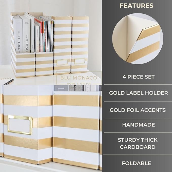 BLU MONACO Set of 4 Gold & White Striped Magazine File Boxes with Gold Label Holders – Stylish File Organizer Box for Desk, Office Supplies, File Folder Holder, and Book Organizer-DeskLoop Office
